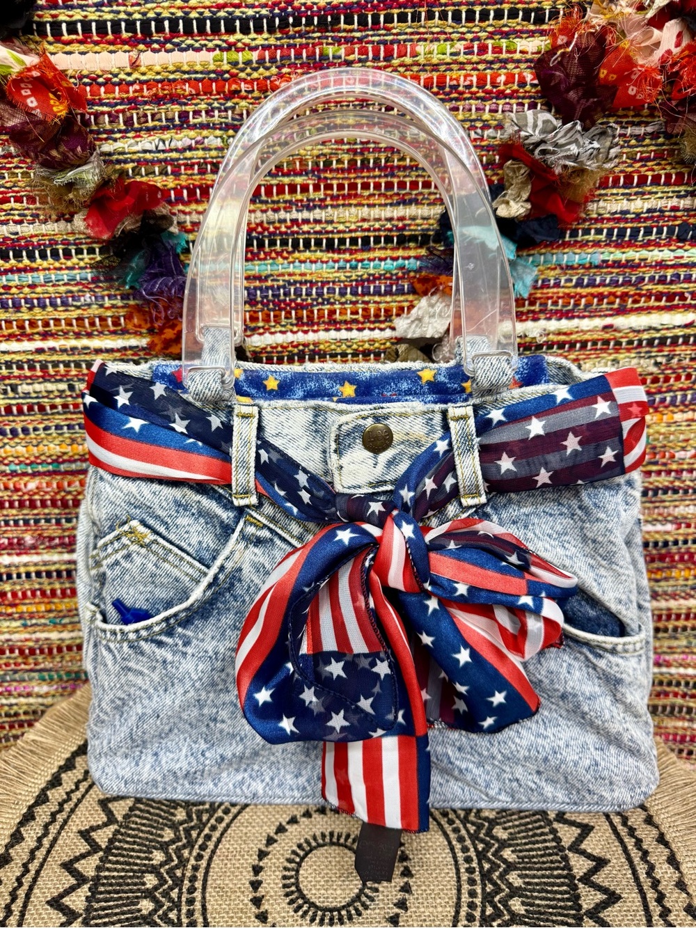 Handmade denim purse crafted from light-wash acid-wash LEE jeans w/ pockets